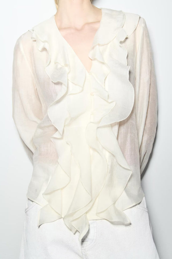 White Ruffle Long Sleeve Shirt