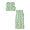 Green Stitch Hollow Out Sleeveless Skirt Set