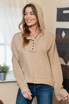 Khaki Solid Color Casual Button Seam Trim Hoodie