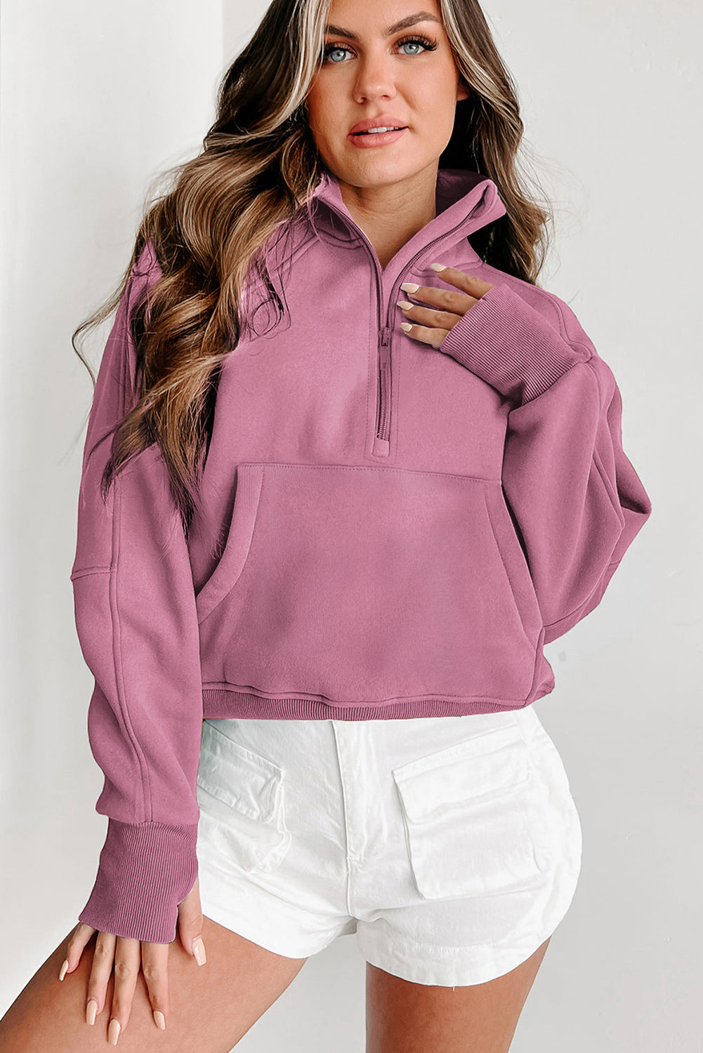 Flamingo Zip Up Stand Collar Ribbed Thumbhole Sleeve Sweatshirt