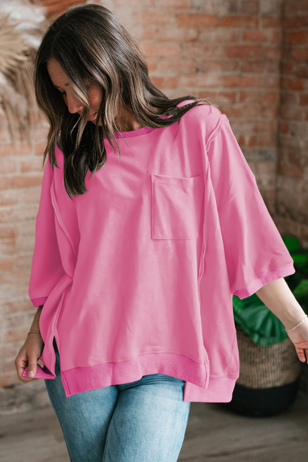 Laurel Green Exposed Seam Pocket Side Split Loose T Shirt