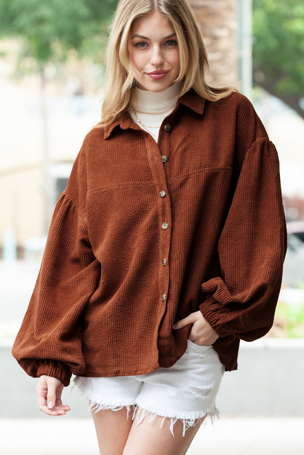 Coffee Corduroy Button Up Lantern Sleeve Jacket