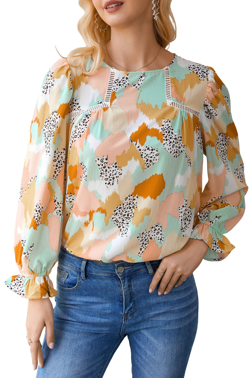 Multicolor Abstract Print Boho Frill Long Sleeve Blouse