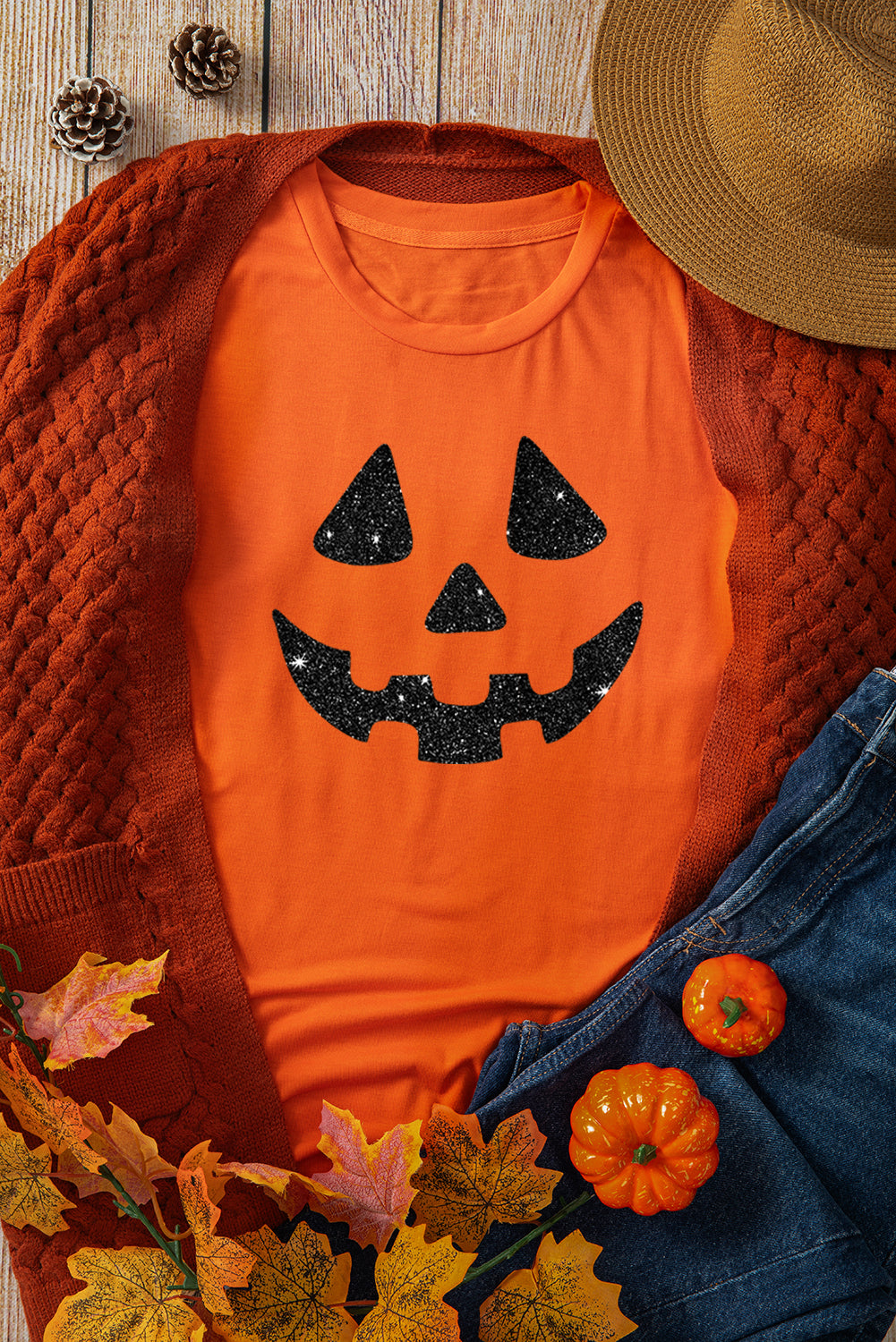 Orange Glittering Pumpkin Face Graphic Crewneck T Shirt