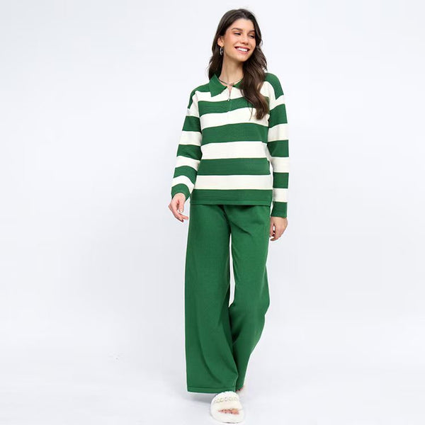 Loose Knitted Striped V Neck Knit Set