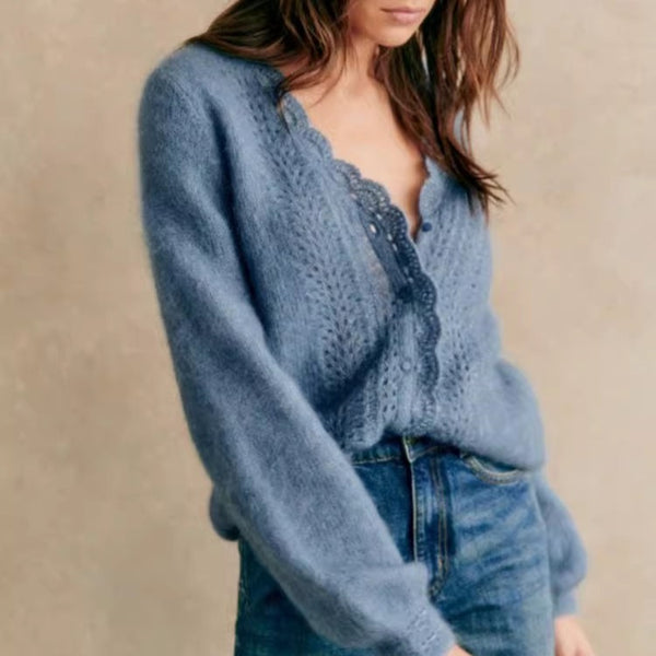 French Haze Mohair V neck Crocheted Puff Sleeve Knitted Cardigan