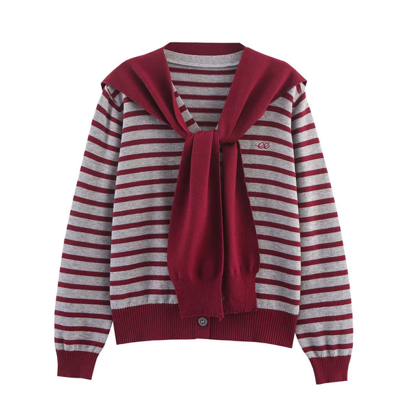 College Scarf Long Sleeve Striped Sweater