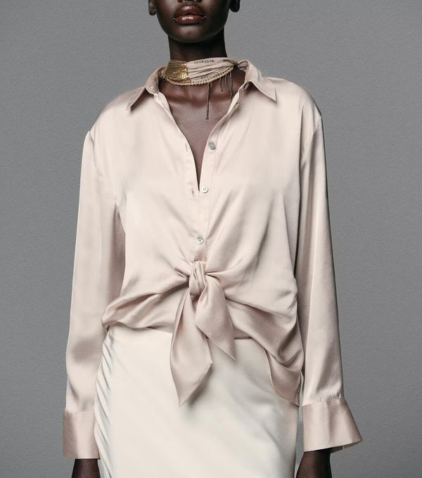 Autumn Bow Tie Texture Drape Shirt