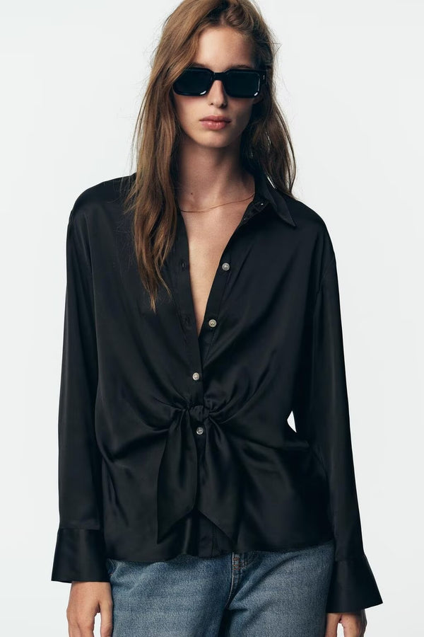 Autumn Bow Tie Texture Drape Shirt