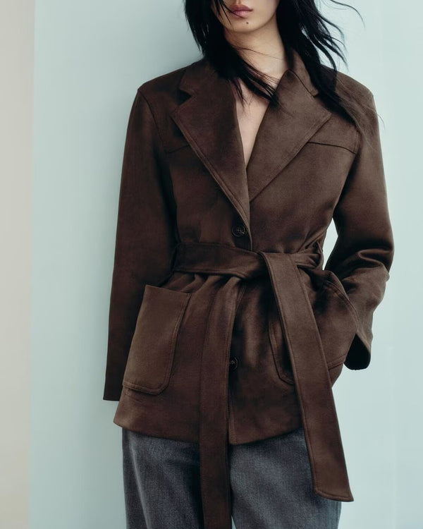 Casual Polo Collar with Belt Suede Effect Jacket
