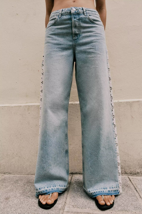 Crochet Stitched High Waist Wide Leg Jeans