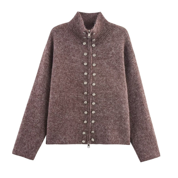 Multi Button Zipper Knitted Cardigan
