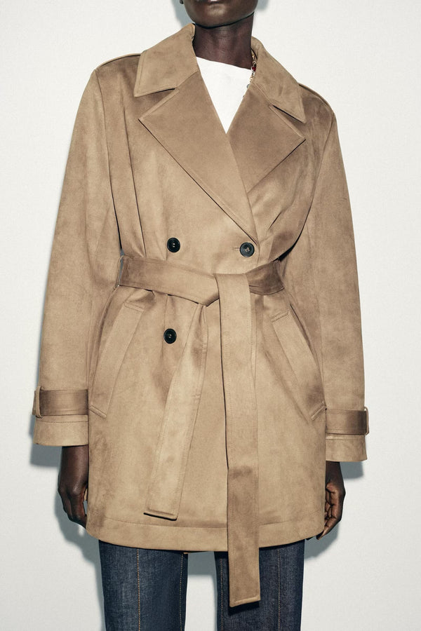 Suede Effect Mid Length Trench Coat