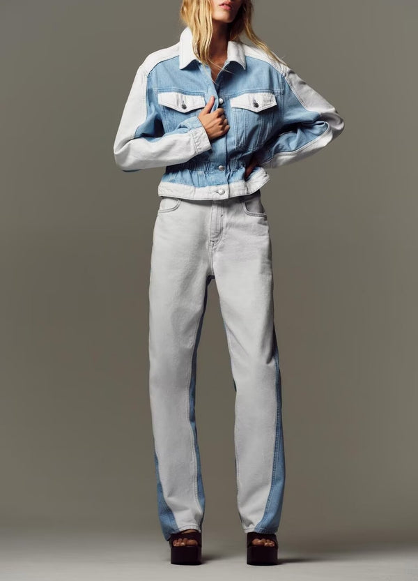 Patchwork Denim Jacket & Mid Waist Stitching Jeans