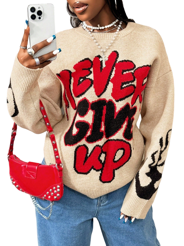 Never Give Up Pullover Knitted Sweater