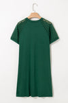 Dark Brown Contrast Lace Raglan Sleeve Pleated Detail Shift Dress
