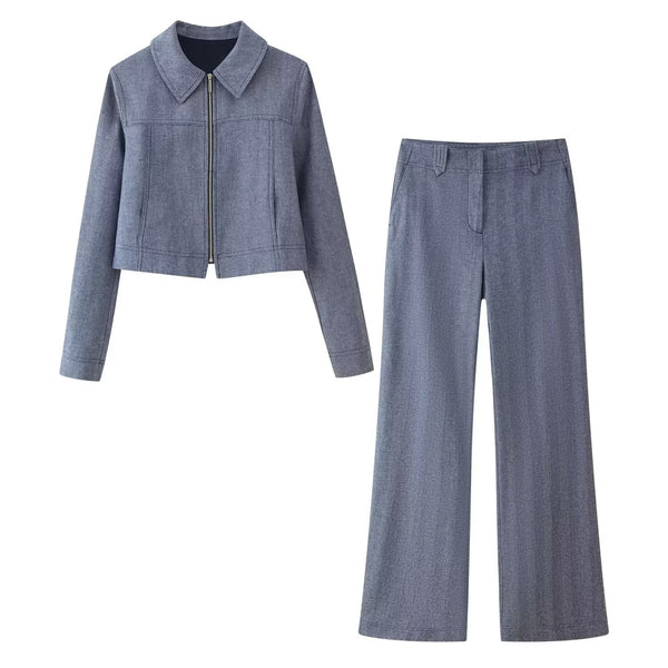 Herringbone Short Blazer & Twill Straight Leg Pants Sets