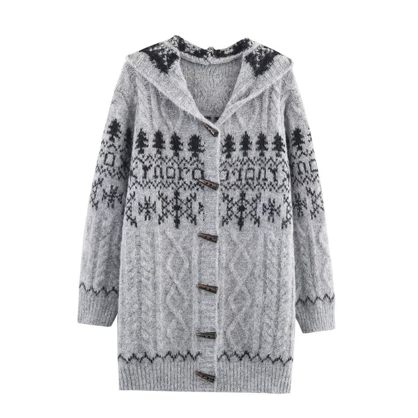 Stylish Hooded Horn Button Knitted Jacket