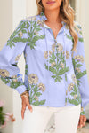 Sky Blue Floral Print V Neck Bubble Sleeve Blouse