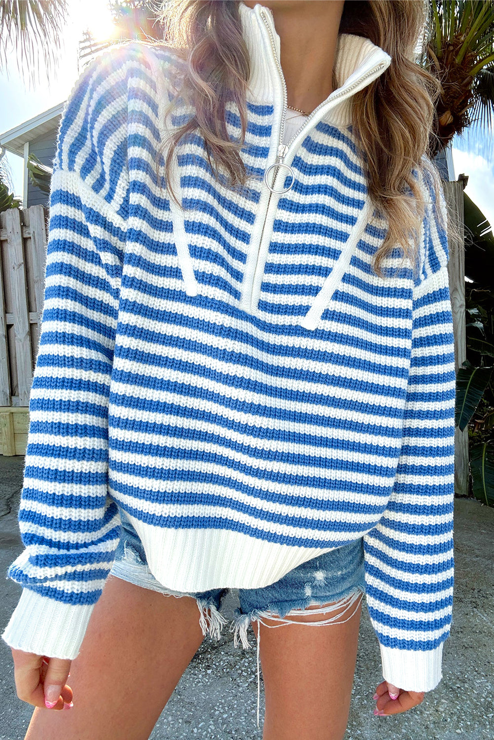 Pink Stripe Zip Up Collar Drop Sleeve Sweater