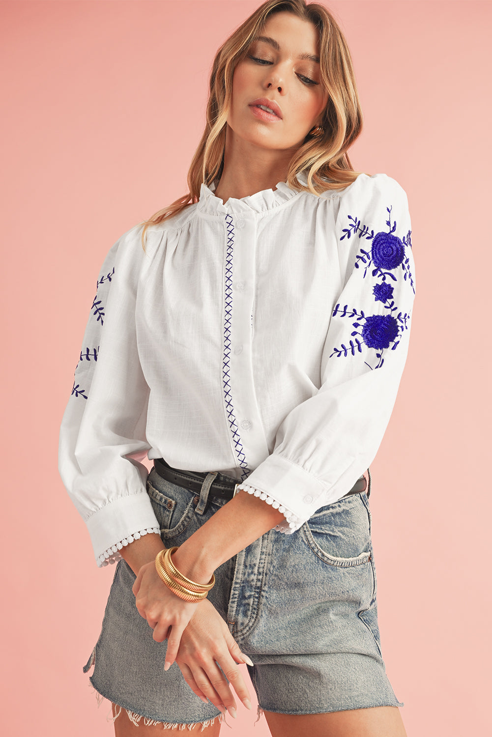 White Floral Embroidered Button Up Boho Blouse