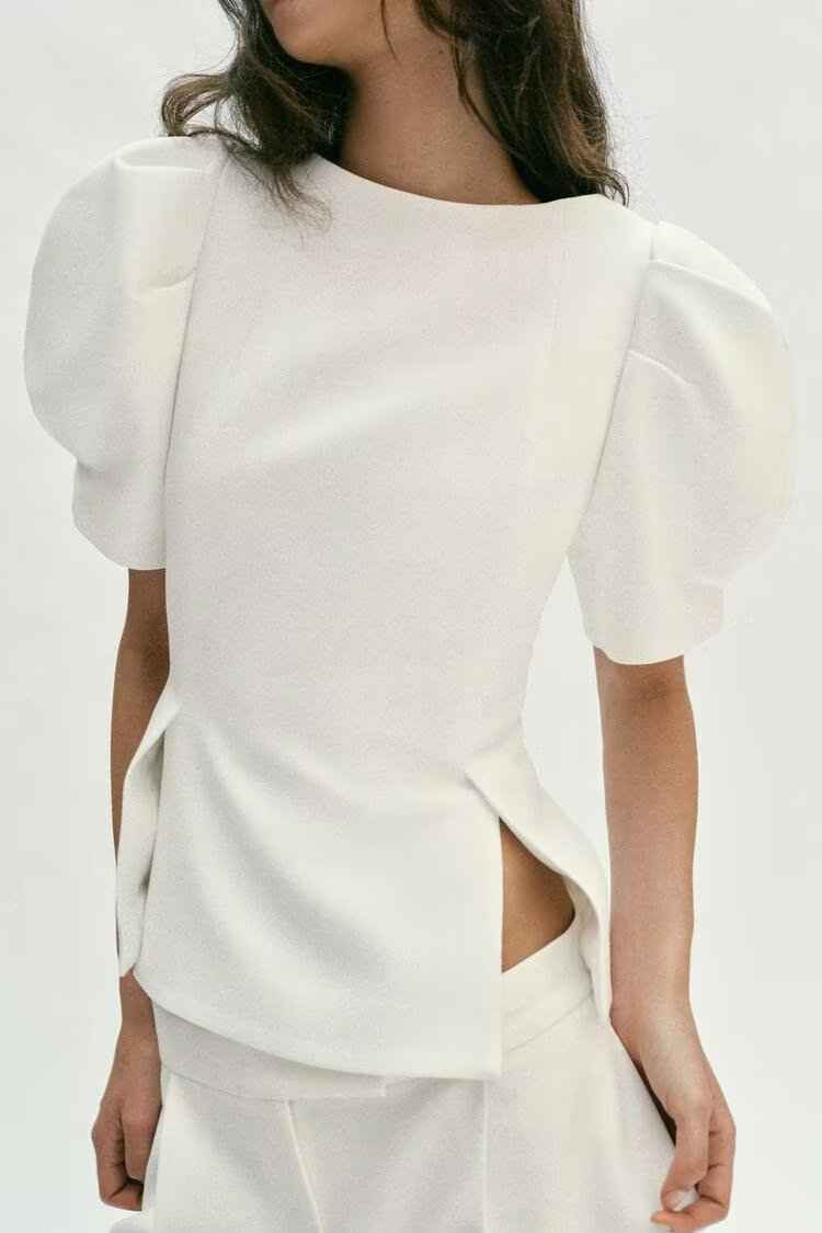 Puff Sleeve Solid Color Slim Fit Top