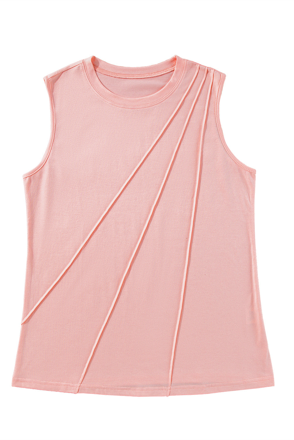 Light Pink Solid Color Crew Neck Pleated Sleeveless Top