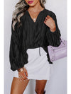 Black Textured Bubble Sleeve V Neck Loose Blouse