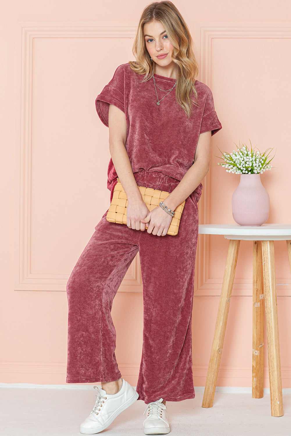 Rose Pink Mineral Wash Corduroy Short Sleeve Top and Crop Pants Set