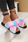 Pink Rainbow Striped Plush Cross Straps Slippers
