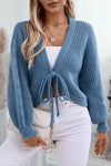 Dusk Blue Solid Color Lace Up V Neck Knit Cardigan