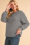 Black Striped Round Neck Drop Shoulder Long Sleeve Top