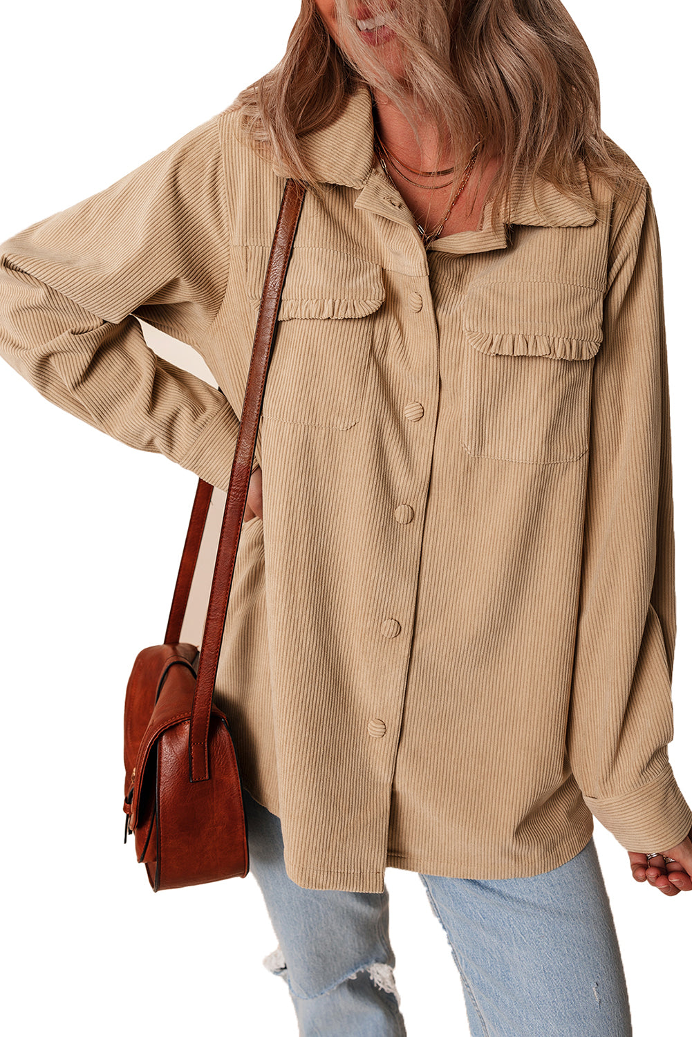 Light French Beige Corduroy Frilled Flap Pocket Button Up Shacket