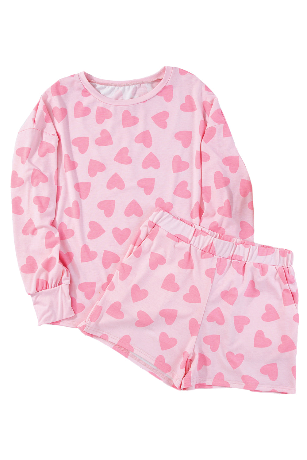 Black Heart Shape Print Long Sleeve Top and Shorts Loungewear Set