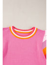 Bright Pink Contrast Sleeve Striped Round Neck Knitted Tee