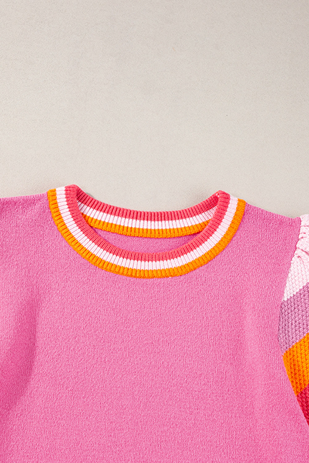 Bright Pink Contrast Sleeve Striped Round Neck Knitted Tee