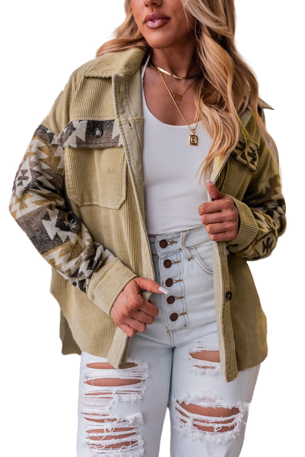 Khaki Geometric Print Patchwork Frayed Edge Corduroy Jacket