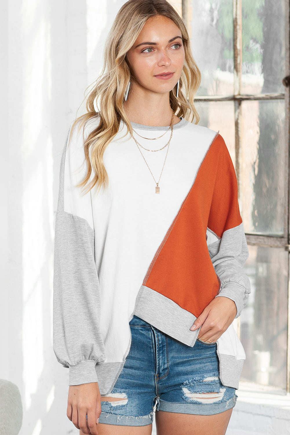 Khaki Colorblock Stitching Irregular Hem Long Sleeve Top