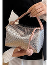 Silvery Lattice Texture Corded Ball Decor Weaven Handle Cosmetic Bag