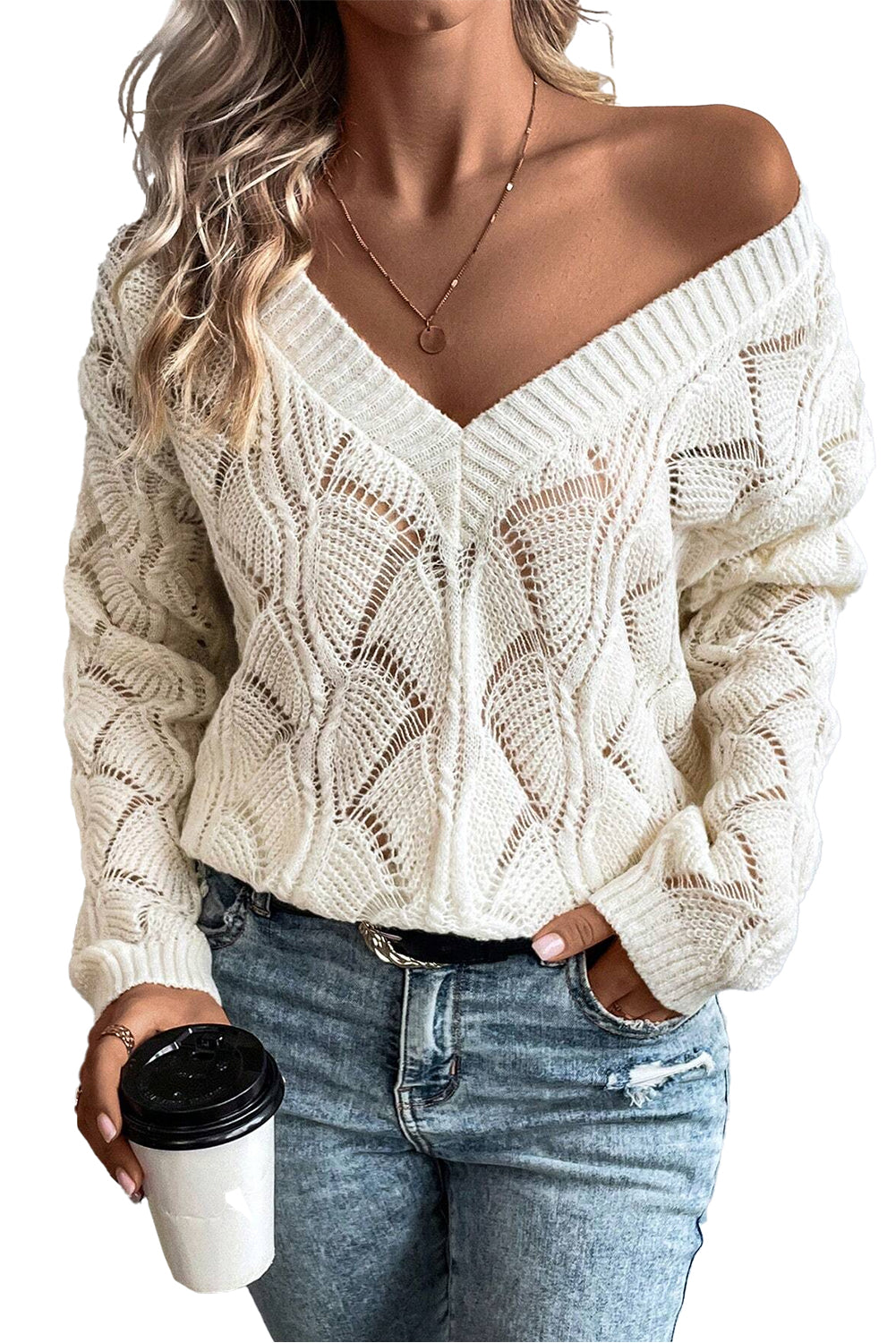 Mint Green Hollow Out Knit V Neck Drop Shoulder Sweater