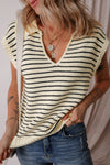 Beige Stripe Turn-down Collar Sleeveless Knitted Top