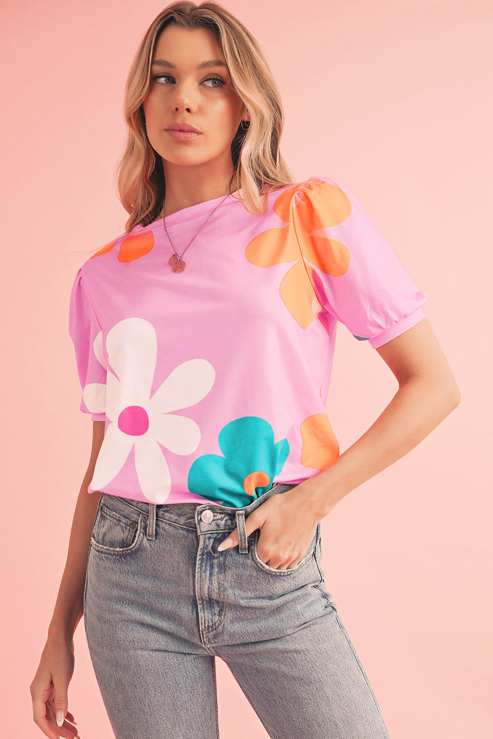 Sky Blue Colorful Flower Print Bubble Sleeve Tee