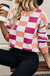 Black Checkered Crew Neck Drop Shoulder Knit Sweater