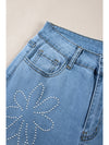 Light Blue Floral Beads Decor High Rise Wide Leg Jeans