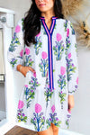 White Floral Print Pop of Color V Neck Mini Dress