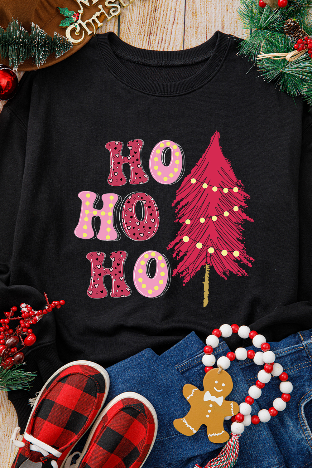 Black HO HO HO Christmas Tree Graphic Pullover Sweatshirt