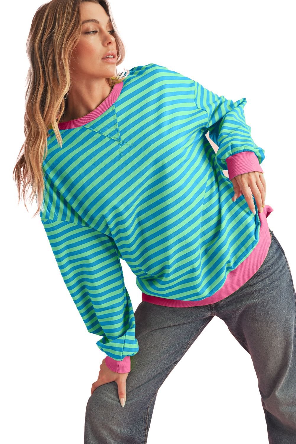 Green Stripe Contrast Edge Oversized Sweatshirt