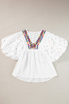 White Colorful Geometric Print V Neck Babydoll Blouse