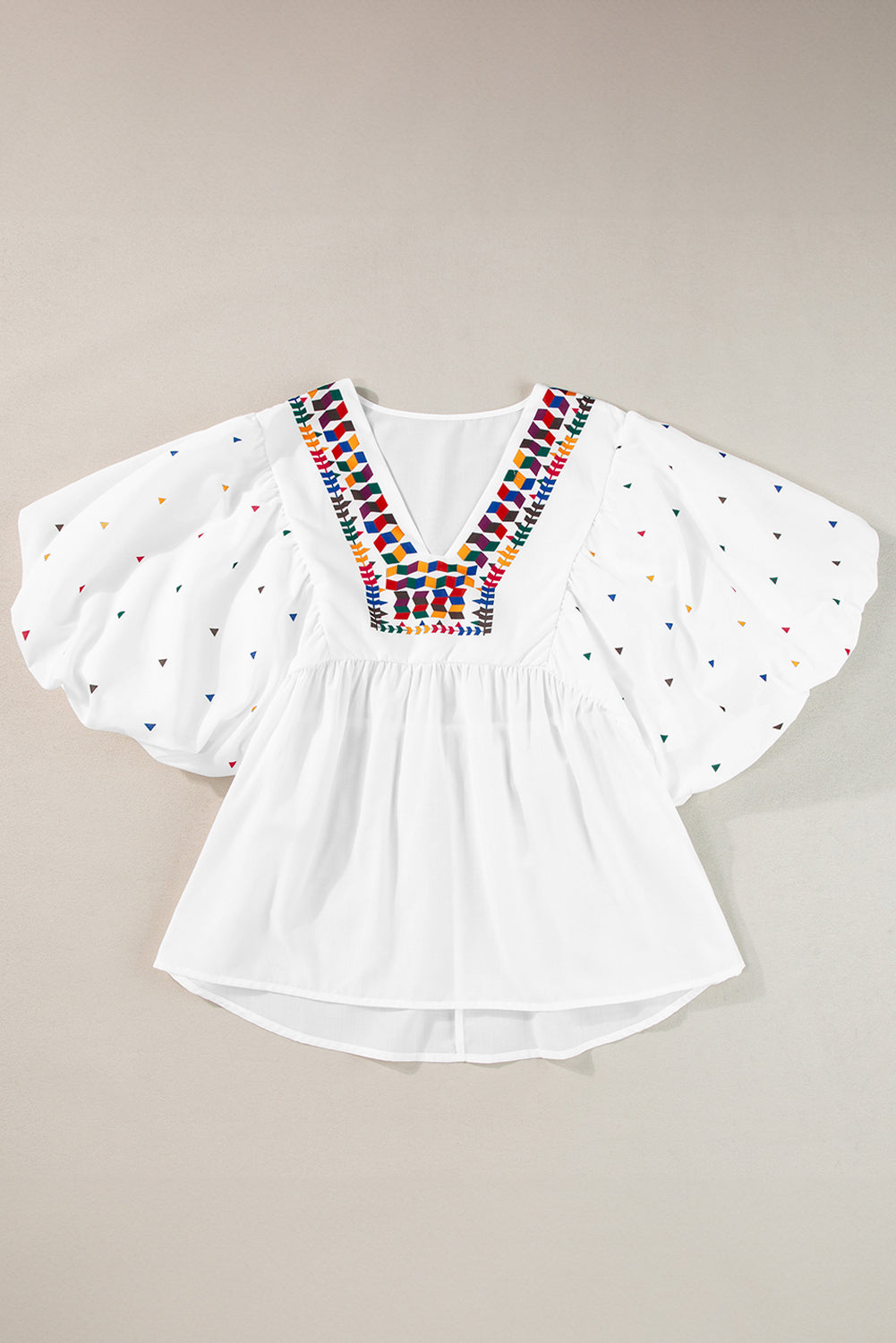 White Colorful Geometric Print V Neck Babydoll Blouse