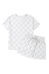 Beige Checkered V Neck Tee and Drawstring Shorts Pajama Set